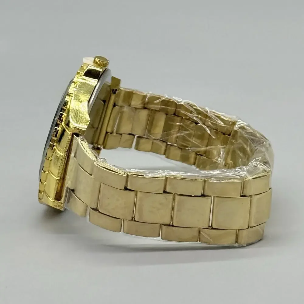 Men's Gold Dial Quartz Watch Stainless Steel Submariner Style Sports Wristwatch